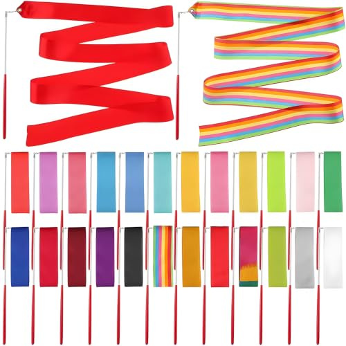 Jonuin 24Pcs Rhythmic Dance Ribbons, 78.7 Inch Colorful Gymnastics Ribbon with Non-Slip Ribbon Wand, Rainbow Sticks Streamers for Children and Adults, Fits for Artistic Gymnastics, Dance & Birthday