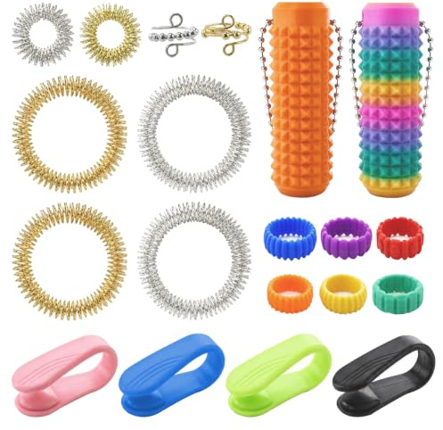 20 stycken Skills-set – 2 justerbara anti-stressringar, 2 akupressurringar, 4 massagearmband, 2 akrylbollar, med 6 sensoriska ringar, ångestring, lämplig för massage och stressminskning