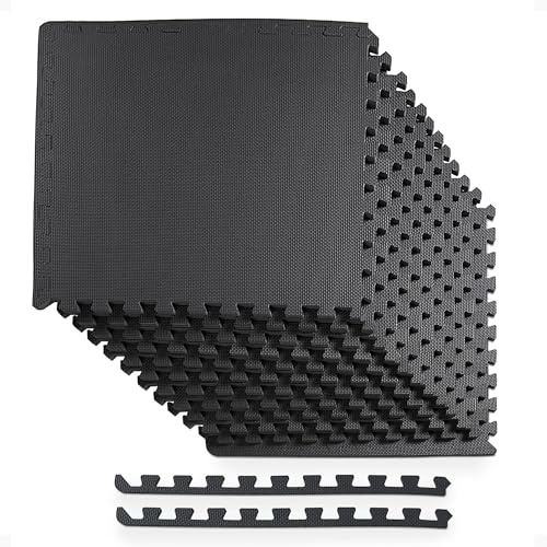 BalanceFrom Puzzle Exercise Mat 1/2' Thick, EVA Interlocking Foam Floor Tiles for Home Gym, Mat for Home Workout Equipment, Floor Padding for Kids, Black, 24 in x 24 in x 1/2 in, 48 Sq Ft - 12 Tiles