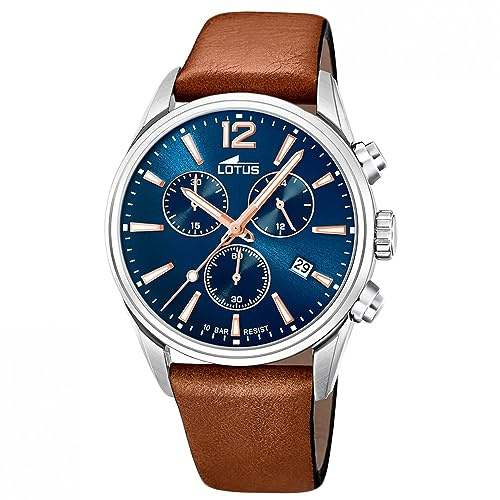 LOTUS Reloj Hombre Analógico de Cuero Marrón - Movimiento de Cuarzo - Cronógrafo - Calendario - Cristal Mineral de Alta Resistencia - Resistente al Agua 10 ATM Casual 18691/2 Chrono