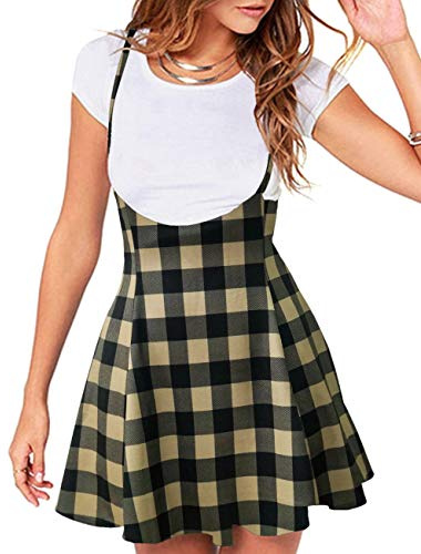 Women's Suspender Braces Casual Skirt Dress Basic High Waist Versatile Flare Skater Shoulder Straps Short Skirt (S, 01-Y-Plaid Grey)