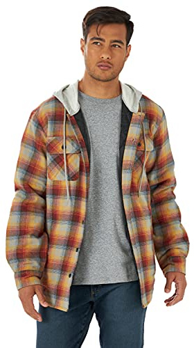 Wrangler Authentics Long Sleeve Quilted Lined Flannel Shirt Jacket with Hood Camisa, Oro pálido, S Hombres