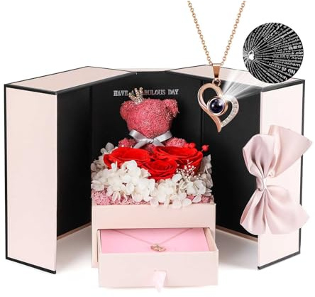 ADDWel Ewige Rose mit Kette (Ich Liebe Dich in 100 Sprachen) Mama & Freundin - Infinity Rosenbox Set, Geschenk für Frauen & Oma zu Weihnachten & Geburtstag
