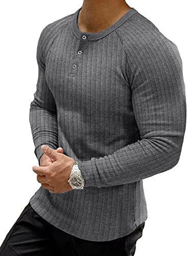 Muscle Cmdr Men's Ribbed Henley Shirt Slim Fit Muscle Shirt Fitted Cotton Long Sleeve Casual T-Shirt Dark Grey/L