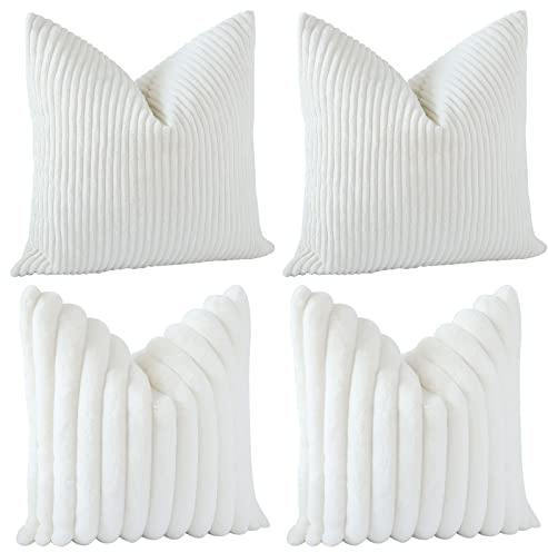 JOTOM Dekokissen Kissenbezüge 45x45cm 4er Set Soft Kissenhülle Einfarbig Streifen Kissenbezug für Sofa Büro Couch Schlafzimmer Bett (45x45cm, Beige Weiß)