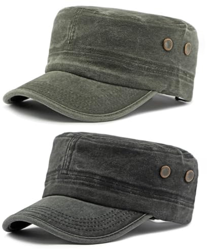 BAOZOON 2 Pz Cappellini dell'esercito cadetto regolabile militare piatto superiore Cap cotone lavato cappello da cadetto militare unisex berretto da baseball veterano, nero, verde militare, taglia