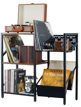 Supporto per dischi in vinile a 3 livelli, grande supporto per dischi per fino a 150 album, supporto per dischi nero con contenitore per dischi, mobile stereo, scaffale da tavolo per giradischi per