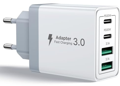 Aioneus Cargador USB C, 40W 4-Puertos USBC Enchufe Cargador iPhone Carga Rapida, Múltiple Cargador QC3.0 y PD Rápido Pared Adaptador Tipo C para iPhone 16 15 14 13 12 11 Pro MAX XR XS 8 7,iPad,Samsung
