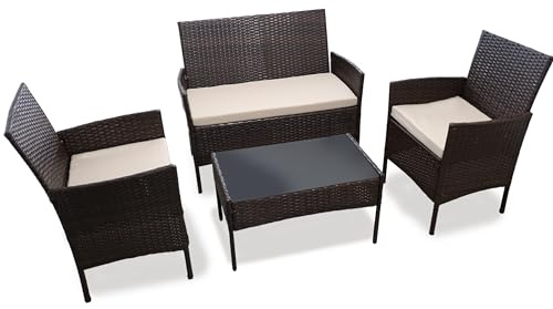 DIVCHI Garden Furniture Set Rattan Patio Conservatory Balcony Indoor Outdoor 4 Seater Piece Glass Top Coffee Table Sofa Loveseat with Cushions (Brown)
