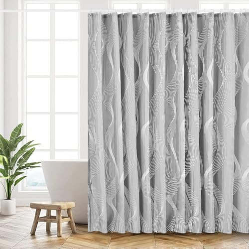 HANFU Duschdraperi 180 x 200 cm, maskintvättbar polyester med låg fåll och 12 krokar, för badrum, grå kurva