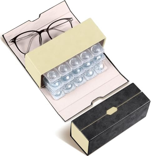 Flutesan Daily Contact Lens Case and glasses Organizer 2 in 1 Double Sided Portable Contact Lens Travel Case for Travel Outdoor Daily Use, Storage up to 30 Lense(Black)