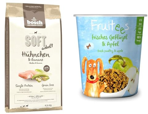Bundle aus Bosch HPC Soft Hühnchen & Banane | halbfeuchtes Hundefutter für ausgewachsene Hunde Aller Rassen 1 x 12.5 kg + Fruitees frisches Geflügel & Apfel 4 x 200g | ohne Getreide