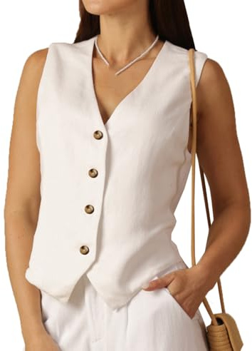 Fakanhui Linneväst för kvinnor V-ringad Button Down Affärsarbete Semester Ärmlös Blazer Väst Jacka, Vitt, S