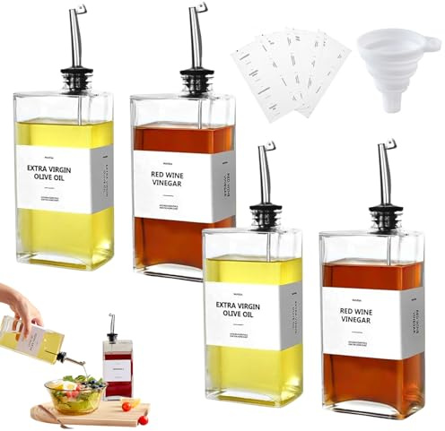 Butyeak Bottiglia per Olio, Aceto e Dosatore Olio Set, 4x500ml Oliera Salvagoccia, Dispenser Oil Vetro, Oliera Vetro da Tavola con Etichetta e Imbuto, Dosatore Oil per Cucina e Barbecue