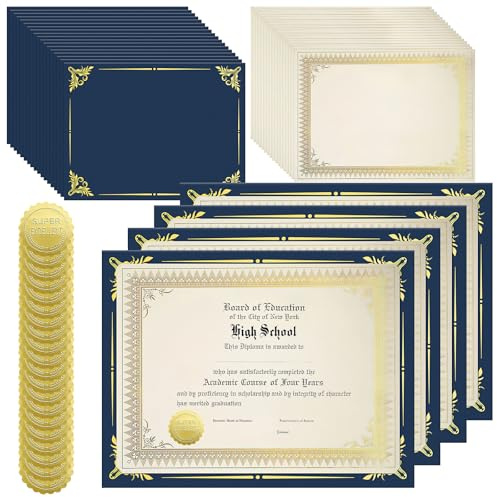 Lot de 50 feuilles de papier de certificat avec 50 dossiers de certificat, 50 feuilles de papier de certificat et 50 autocollants pour l'obtention du diplôme, la récompense, la performance (bleu