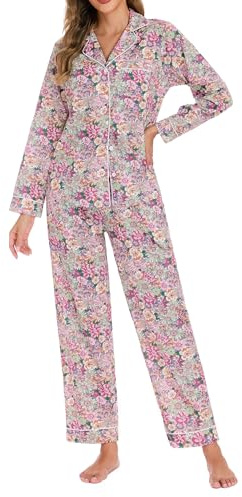 LUBOT Lätt sommarpyjamas i 100 % bomull för kvinnor - 2-delat set med korta och långa ärmar med knappar, skrynkelfri och andas, för natt och hem, Långa ärmar - grön krysantemum, L