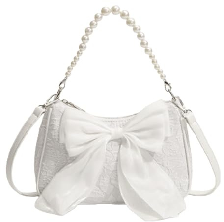 GWAWG Fashion Pearl Handbags,Vintage Shoulder Bag with Bow Tie for Women,Compact Women Handbag,Multifunction CrossBody Bags,Popular Women's Bags,White