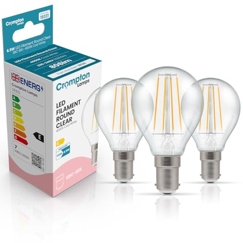 Crompton Lamps Filament Golfball LED Light Bulb SBC-B15d | 6.5W = 60W Equivalent | Cool White 4000K | Energy Efficient | Small Bayonet Lightbulb | Long Life 15,000-Hrs | Clear Glass | 3-Pack