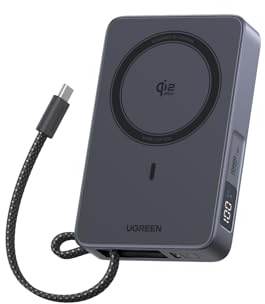 UGREEN MagFlow 10000mAh Qi2 25W Wireless Power Bank Built-in Cable | Qi2 25W wireless, built-in cable, 30W PD wired. MagSafe compatible with iPhone 18 Pro