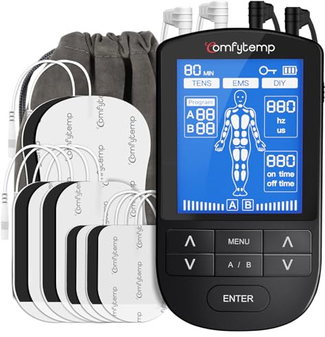 Comfytemp 4 Outputs TENS Machine for Muscle Stimulation, 24 Modes | Rechargeable Electronic Pulse Muscle Stimulator with 10 Electrode Pads, Relieves Discomfort in Back, Shoulder, Arm, and Hip