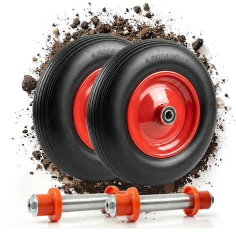 Tergato - Juego de 2 ruedas para carretilla, a prueba de pinchazos, incluye 2 ejes (130 mm) de Tergato – 300 kg de fuerza de carga total – 400 mm PU ruedas de goma sólidas no aplastante, llanta de