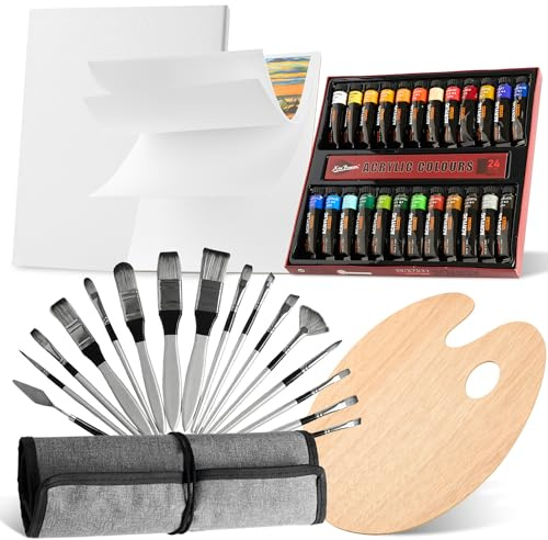 Filliun Kit de Pinturas Acrílicas Profesional, 24 Colores con 24 Pinceles, 20 Lienzos A4, Paleta de Mezclas de Madera y Estuche de Almacenamiento