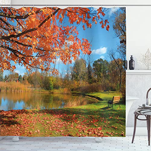 Ambesonne Landscape Shower Curtain, an Autumn Scenery in Michigan USA Scenic View with Trees by The Pond and Clear Sky Picturesque, Cloth Fabric Bathroom Set with Hooks, 69 W x 70 L, Orange Green