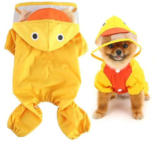 SMALLLEE_LUCKY_STORE Cute Duck Raincoat for Small Dogs with Hoood Leash D-ring Puppy Botton Down Rain Jacket Full Boby 4 leg Jumpsuit Lightweight Waterproof Clothes,Yellow M