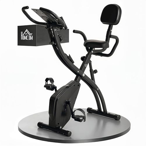 HOMCOM Vélo d'Appartement Pliable 4-en-1 - Ergomètre Magnétique Silencieux avec Cordes de Résistance - Sport Maison et Cardio-training avec Roulettes, Selle Confort et LCD (Max 120kg), Noir