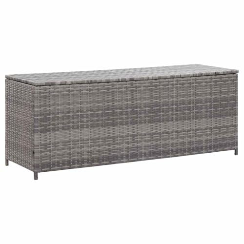 vidaXL Garden Storage Box - Grey Poly Rattan, Spacious Outdoor Storage Bench, Modern Garden Equipment Container, Sturdy 150x50x60 cm Bench with Liner