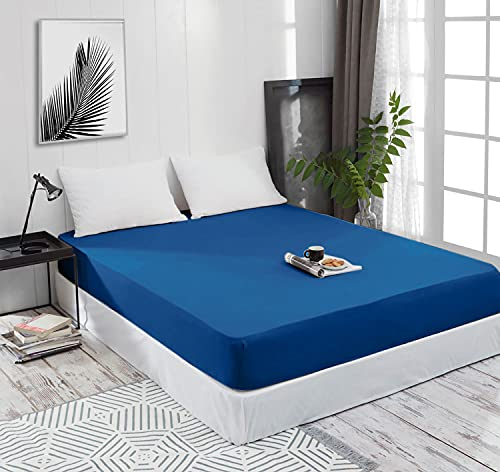 Spannbettlaken Jersey Spannbetttuch 100% Baumwolle Bettlaken Spannbettuch Laken 28 Farben, Größe:180 x 200 cm, Farbe:Blau