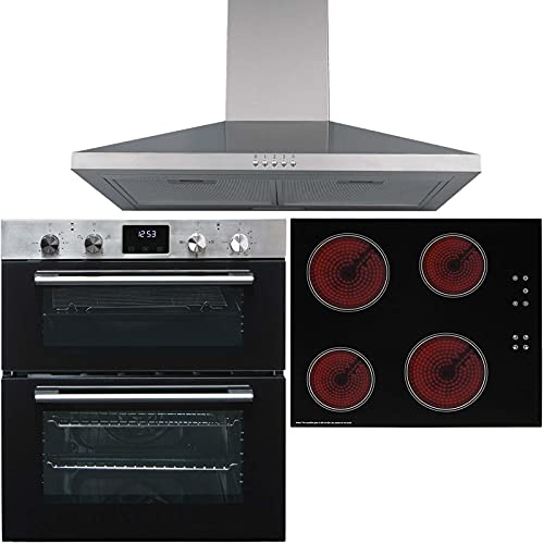 SIA DO111SS 60cm Stainless Steel Built-Under Double Fan Oven, CERH60BL 4 Zone Touch Control Ceramic Hob In Black & CHL60SS Chimney Cooker Hood Extractor