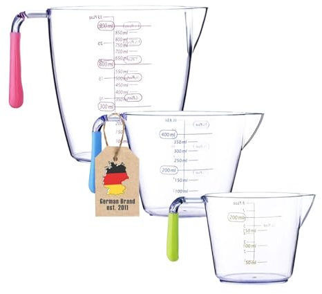 Intirilife 3er Pack Messbecher -200 ml, 400 ml, 900 ml- 3 teiliges Küchenmessbecher Set mit Griff, präzise Messkanne aus Kunststoff mit Skala & Ausguss, verschiedenen Größen zum Kochen Backen Abmessen