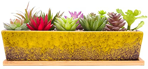 ARTKETTY 30cm Ceramic Succulent Plant Pots, Modern Long Rectangle Flower Plant Containers with Tray, Shallow Cactus Bonsai Window Box with Drainage for Indoor/Outdoor Home Decor(Yellow)