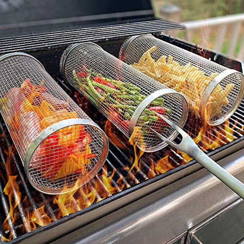 DYBOHF 1 Stück zylindrischer Grillkorb Edelstahl | Grillgitter | Frittierkorb | Pommes Körbchen | Abkühlgitter | Rundes BBQ-Lagerfeuer-Grillgitter Für Den Außenbereich Pommesblech Für Backofen (20 CM)