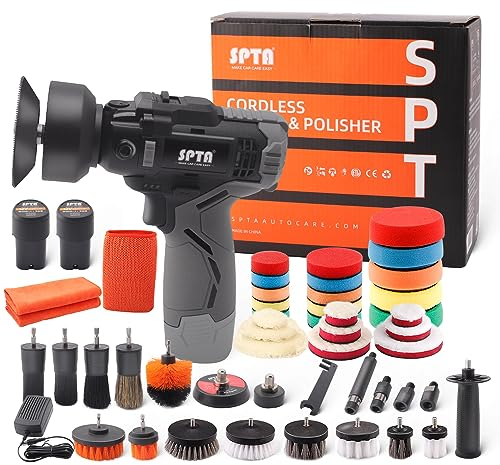 SPTA 12V Cordless Car Polisher Tool Sets, Cordless Drill Variable Speed Polisher and Buffer, 2000mAh Li-ion Battery with Fast Charger and Polishing Pads for Car Detailing and Paint Polishing