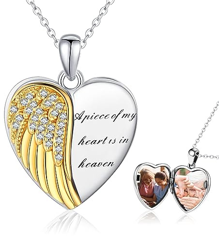 CHENGHONG Locket Necklace 925 Sterling Silver Angel Wings Pendant Gold Heart Shaped Locket Necklace That Holds Picture Memorial Necklaces Memory Jewellery Gifts for Women Girls