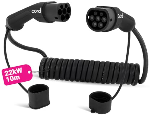Cord Type 2 to Type 2 EV Coiled Charging Cable, 32amp, 22kW, 10 Metre (usable 8m), Three Phase