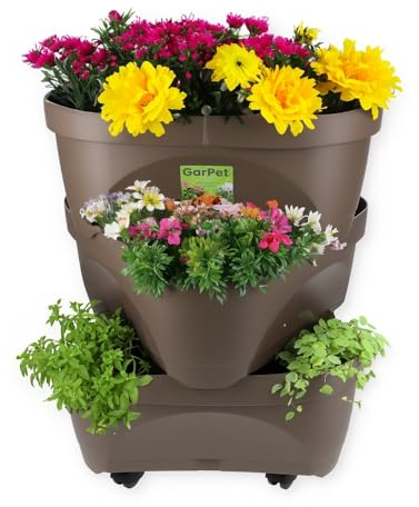 GarPet Erdbeertopf Pflanzturm Blumentopf Hoch Pflanzsäule Kräutertopf Balkon Pflanzkübel Kräuterturm Pflanztopf Outdoor Säulentopf Set 3 Ebenen Roller