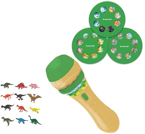 LEXIBOOK, Stories projector and torch light, Create up to 3 stories with 24 images of dinosaurs, 12 dinosaur figurines included, Yellow/green, LTC045Z
