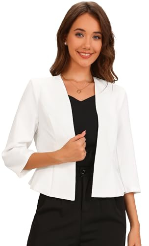 Allegra K kort kavaj för kvinnor, festlig kavaj fram, öppen krage, 3/4-ärm, liten business, arbete, elegant kostymjacka, Vit, XS