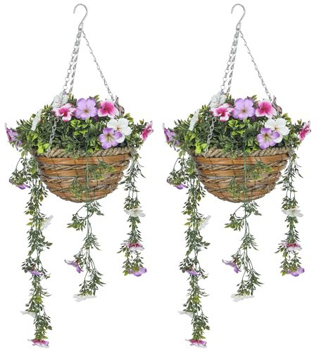 HOMCOM Set of 2 Artificial Silk Azalea Flowers, Hanging Planters with Basket, Faux Plants for Home Indoor Outdoor Decor, Pink and White