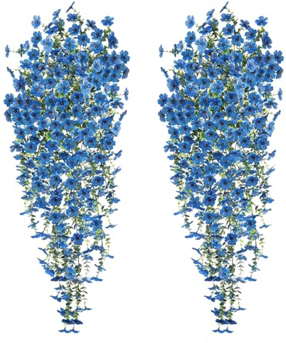 CONNECTION 4 Pezzi Pendenti Fiori Artificiali Cadenti 77cm Pianta Glicine Finta Fiori Finti Da Esterno Artificiali Decorazioni Pianta Cadente per Matrimonio Parete Balcone Giardino (Blu)