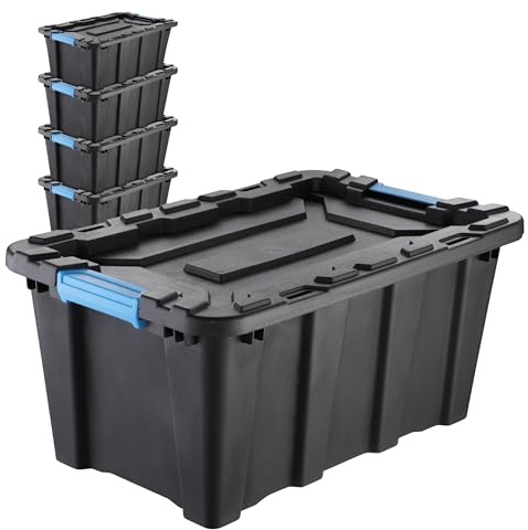 IDEA HOME Set of 5 Storage Boxes 40L with Lid TechBox HD – Heavy-duty Stackable Plastic Containers – Organiser Crates for Garage, Workshop, Tools and Accessories, Schwarz