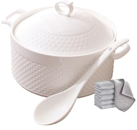 YLME Soppterrin med soppslev och sopplock tillverkad av porslin för restaurang/hemkök vit dekoration i keramik för sopp- och buljongtårta,1800ml/1.63qt