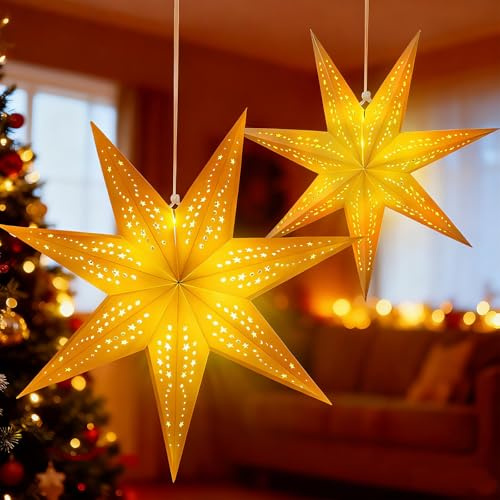 ALEGRE Stella di Natale a LED illuminata con timer, 2 stelle di carta a LED da appendere, 3D luminose con timer, stella di Natale, finestra di carta per decorazioni natalizie, finestre