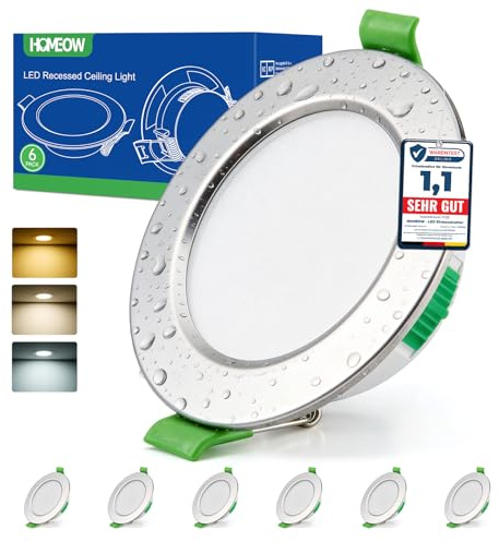 HOMEOW Set med 6 Badrumsspots IP44, Inbyggd LED-spot 68mm - 80mm Utskäring, 5W Extra Platt Takspot Warm White 2700K Neutral White 4000K Cool White 6000K, Nickel
