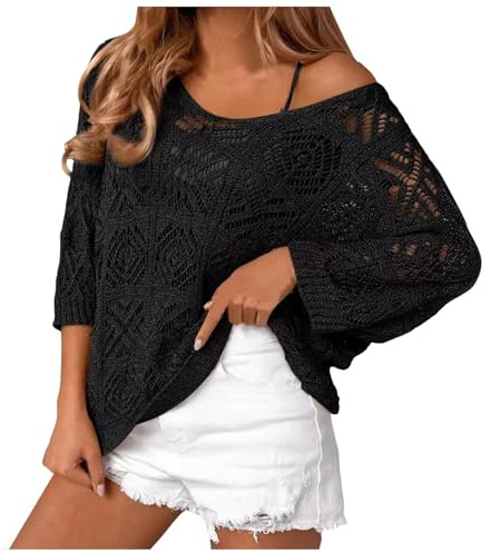 Jersey de punto para mujer, cuello redondo, corto, de ganchillo, invierno, manga larga, murciélago, blusa suelta, suéter de punto ahuecado, suéter de punto grueso, jersey informal