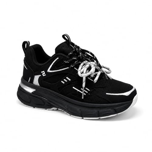 CLEIKS Scarpe Casual Donna Estive Nere Rialzate Allacciata Sneakers Antiscivolo e Resistenti Leggere per Trail Running (Nero,37EU,WSC255304-1)