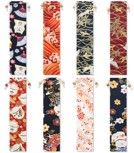 8 bolsas de cubiertos japonesas con pajita, bolsas de palillos para cuchillos, tenedores y cucharas, bolsas de almacenamiento de 26 x 6 cm, bolsas de regalo tradicionales japonesas con cordón largo